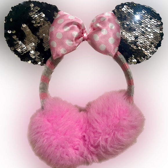 Disney Minnie Mouse Ears Bow Fur Earmuffs 🎀 Flip Reversible Sequins ✨ Girls OS - Picture 9 of 9